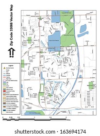 Vector map with summits, rivers, railroads, streets, lakes, parks, airports, stadiums, correctional facilities, military installations and federal lands by zip code 33066 with labels and clean layers.