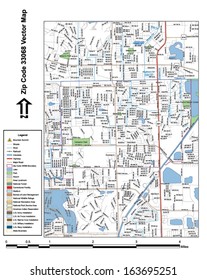 Vector map with summits, rivers, railroads, streets, lakes, parks, airports, stadiums, correctional facilities, military installations and federal lands by zip code 33068 with labels and clean layers.
