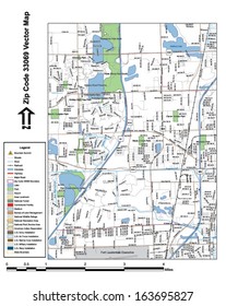 Vector map with summits, rivers, railroads, streets, lakes, parks, airports, stadiums, correctional facilities, military installations and federal lands by zip code 33069 with labels and clean layers.