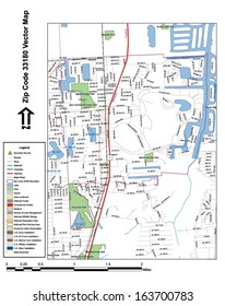 Vector map with summits, rivers, railroads, streets, lakes, parks, airports, stadiums, correctional facilities, military installations and federal lands by zip code 33180 with labels and clean layers.