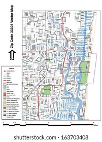 Vector map with summits, rivers, railroads, streets, lakes, parks, airports, stadiums, correctional facilities, military installations and federal lands by zip code 33305 with labels and clean layers.