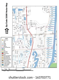Vector map with summits, rivers, railroads, streets, lakes, parks, airports, stadiums, correctional facilities, military installations and federal lands by zip code 33306 with labels and clean layers.
