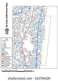 Vector map with summits, rivers, railroads, streets, lakes, parks, airports, stadiums, correctional facilities, military installations and federal lands by zip code 33308 with labels and clean layers.