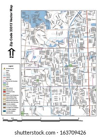 Vector map with summits, rivers, railroads, streets, lakes, parks, airports, stadiums, correctional facilities, military installations and federal lands by zip code 33313 with labels and clean layers.