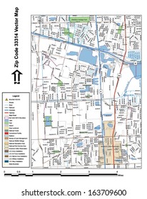 Vector map with summits, rivers, railroads, streets, lakes, parks, airports, stadiums, correctional facilities, military installations and federal lands by zip code 33314 with labels and clean layers.