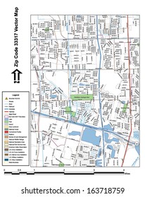 Vector map with summits, rivers, railroads, streets, lakes, parks, airports, stadiums, correctional facilities, military installations and federal lands by zip code 33317 with labels and clean layers.