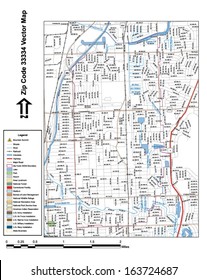 Vector map with summits, rivers, railroads, streets, lakes, parks, airports, stadiums, correctional facilities, military installations and federal lands by zip code 33334 with labels and clean layers.