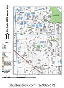Vector map with summits, rivers, railroads, streets, lakes, parks, airports, stadiums, correctional facilities, military installations and federal lands by zip code 33012 with labels and clean layers.