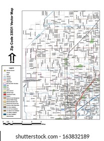 Vector map with summits, rivers, railroads, streets, lakes, parks, airports, stadiums, correctional facilities, military installations and federal lands by zip code 33031 with labels and clean layers.