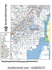 Vector map with summits, rivers, railroads, streets, lakes, parks, airports, stadiums, correctional facilities, military installations and federal lands by zip code 33033 with labels and clean layers.