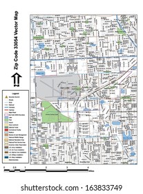 Vector map with summits, rivers, railroads, streets, lakes, parks, airports, stadiums, correctional facilities, military installations and federal lands by zip code 33054 with labels and clean layers.
