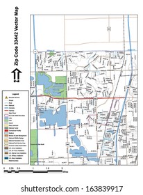 Vector map with summits, rivers, railroads, streets, lakes, parks, airports, stadiums, correctional facilities, military installations and federal lands by zip code 33442 with labels and clean layers.