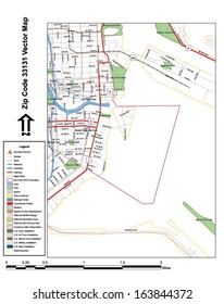 Vector map with summits, rivers, railroads, streets, lakes, parks, airports, stadiums, correctional facilities, military installations and federal lands by zip code 33131 with labels and clean layers.