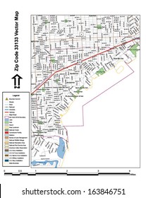 Vector map with summits, rivers, railroads, streets, lakes, parks, airports, stadiums, correctional facilities, military installations and federal lands by zip code 33133 with labels and clean layers.