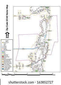 Vector map with summits, rivers, railroads, streets, lakes, parks, airports, stadiums, correctional facilities, military installations and federal lands by zip code 33140 with labels and clean layers.