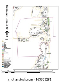 Vector map with summits, rivers, railroads, streets, lakes, parks, airports, stadiums, correctional facilities, military installations and federal lands by zip code 33141 with labels and clean layers.