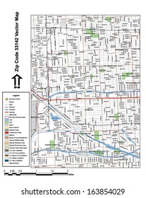 Vector map with summits, rivers, railroads, streets, lakes, parks, airports, stadiums, correctional facilities, military installations and federal lands by zip code 33142 with labels and clean layers.