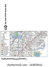 Vector map with summits, rivers, railroads, streets, lakes, parks, airports, stadiums, correctional facilities, military installations and federal lands by zip code 33143 with labels and clean layers.