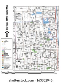 Vector map with summits, rivers, railroads, streets, lakes, parks, airports, stadiums, correctional facilities, military installations and federal lands by zip code 33147 with labels and clean layers.