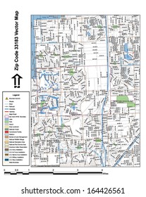 Vector map with summits, rivers, railroads, streets, lakes, parks, airports, stadiums, correctional facilities, military installations and federal lands by zip code 33183 with labels and clean layers.