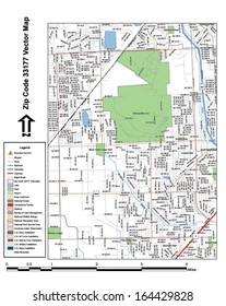 Vector map with summits, rivers, railroads, streets, lakes, parks, airports, stadiums, correctional facilities, military installations and federal lands by zip code 33177 with labels and clean layers.