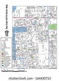 Vector map with summits, rivers, railroads, streets, lakes, parks, airports, stadiums, correctional facilities, military installations and federal lands by zip code 33175 with labels and clean layers.