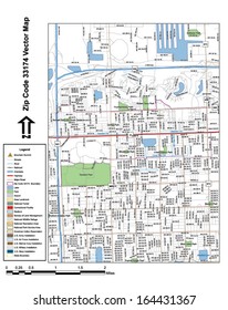 Vector map with summits, rivers, railroads, streets, lakes, parks, airports, stadiums, correctional facilities, military installations and federal lands by zip code 33174 with labels and clean layers.