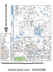 Vector map with summits, rivers, railroads, streets, lakes, parks, airports, stadiums, correctional facilities, military installations and federal lands by zip code 33172 with labels and clean layers.