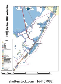 Vector map with summits, rivers, railroads, streets, lakes, parks, airports, stadiums, correctional facilities, military installations and federal lands by zip code 33037 with labels and clean layers.