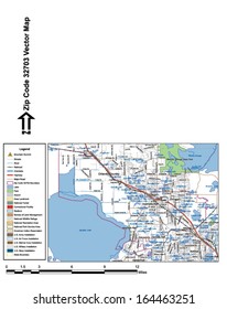Vector map with summits, rivers, railroads, streets, lakes, parks, airports, stadiums, correctional facilities, military installations and federal lands by zip code 32703 with labels and clean layers.