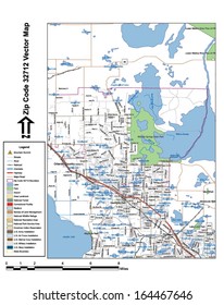 Vector map with summits, rivers, railroads, streets, lakes, parks, airports, stadiums, correctional facilities, military installations and federal lands by zip code 32712 with labels and clean layers.