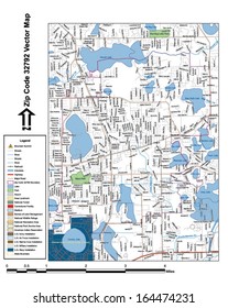 Vector map with summits, rivers, railroads, streets, lakes, parks, airports, stadiums, correctional facilities, military installations and federal lands by zip code 32792 with labels and clean layers.
