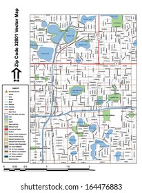 Vector map with summits, rivers, railroads, streets, lakes, parks, airports, stadiums, correctional facilities, military installations and federal lands by zip code 32801 with labels and clean layers.