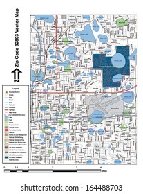 Vector map with summits, rivers, railroads, streets, lakes, parks, airports, stadiums, correctional facilities, military installations and federal lands by zip code 32803 with labels and clean layers.