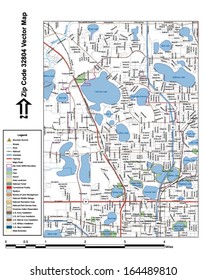 Vector map with summits, rivers, railroads, streets, lakes, parks, airports, stadiums, correctional facilities, military installations and federal lands by zip code 32804 with labels and clean layers.