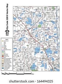 Vector map with summits, rivers, railroads, streets, lakes, parks, airports, stadiums, correctional facilities, military installations and federal lands by zip code 32810 with labels and clean layers.