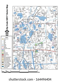 Vector map with summits, rivers, railroads, streets, lakes, parks, airports, stadiums, correctional facilities, military installations and federal lands by zip code 32817 with labels and clean layers.