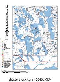 Vector map with summits, rivers, railroads, streets, lakes, parks, airports, stadiums, correctional facilities, military installations and federal lands by zip code 32830 with labels and clean layers.