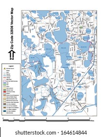 Vector map with summits, rivers, railroads, streets, lakes, parks, airports, stadiums, correctional facilities, military installations and federal lands by zip code 32836 with labels and clean layers.