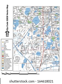 Vector map with summits, rivers, railroads, streets, lakes, parks, airports, stadiums, correctional facilities, military installations and federal lands by zip code 32839 with labels and clean layers.