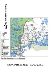 Vector map with summits, rivers, railroads, streets, lakes, parks, airports, stadiums, correctional facilities, military installations and federal lands by zip code 32327 with labels and clean layers.