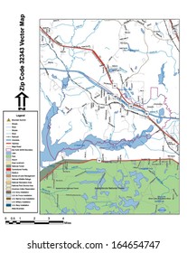 Vector map with summits, rivers, railroads, streets, lakes, parks, airports, stadiums, correctional facilities, military installations and federal lands by zip code 32343 with labels and clean layers.