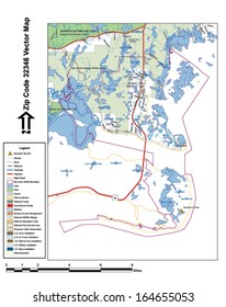 Vector map with summits, rivers, railroads, streets, lakes, parks, airports, stadiums, correctional facilities, military installations and federal lands by zip code 32346 with labels and clean layers.