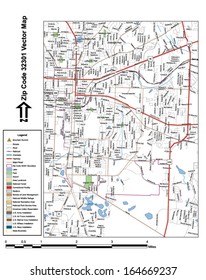 Vector map with summits, rivers, railroads, streets, lakes, parks, airports, stadiums, correctional facilities, military installations and federal lands by zip code 32301 with labels and clean layers.