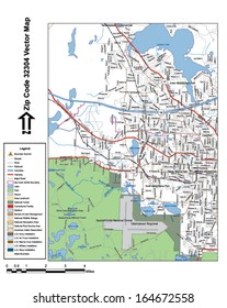 Vector map with summits, rivers, railroads, streets, lakes, parks, airports, stadiums, correctional facilities, military installations and federal lands by zip code 32304 with labels and clean layers.