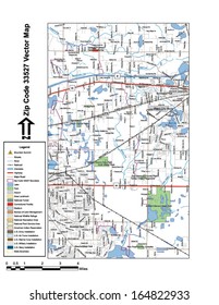 Vector map with summits, rivers, railroads, streets, lakes, parks, airports, stadiums, correctional facilities, military installations and federal lands by zip code 33527 with labels and clean layers.