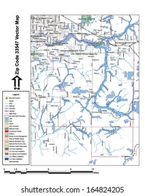 Vector map with summits, rivers, railroads, streets, lakes, parks, airports, stadiums, correctional facilities, military installations and federal lands by zip code 33547 with labels and clean layers.