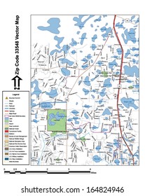 Vector map with summits, rivers, railroads, streets, lakes, parks, airports, stadiums, correctional facilities, military installations and federal lands by zip code 33548 with labels and clean layers.