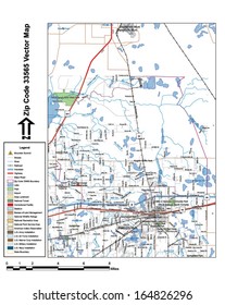 Vector map with summits, rivers, railroads, streets, lakes, parks, airports, stadiums, correctional facilities, military installations and federal lands by zip code 33565 with labels and clean layers.