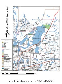 Vector map with summits, rivers, railroads, streets, lakes, parks, airports, stadiums, correctional facilities, military installations and federal lands by zip code 33592 with labels and clean layers.